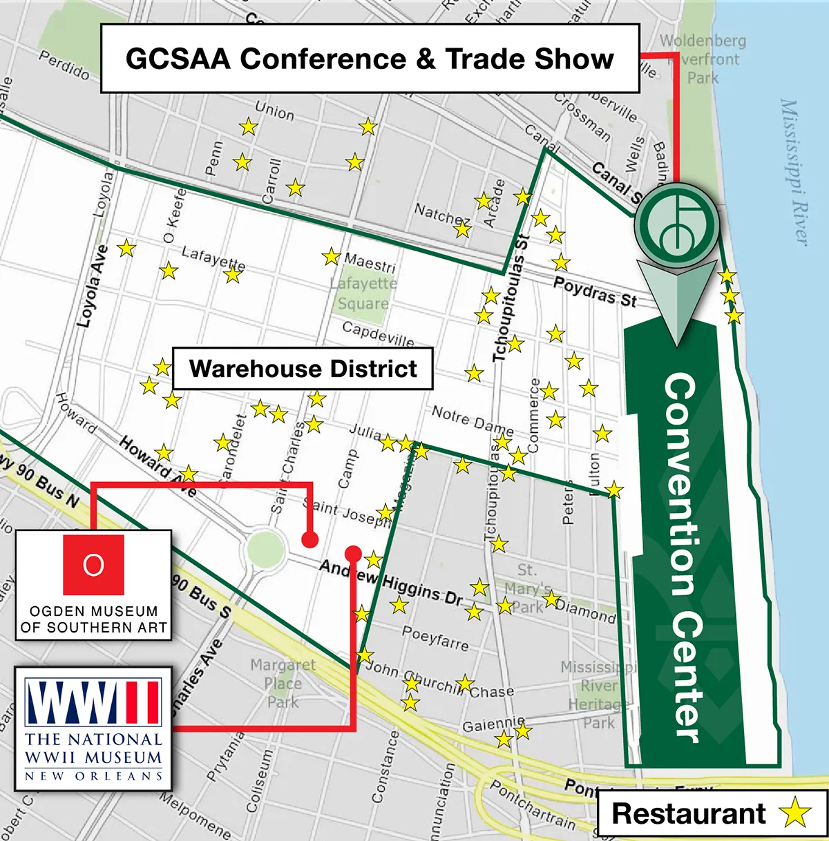 Map of the Warehouse District in New Orleans showing the Ernest N. Morial Convention Center on the Mississippi River, with the Ogden Museum of Southern Art, the National WWII Museum, and surrounding restaurants marked within walking distance.